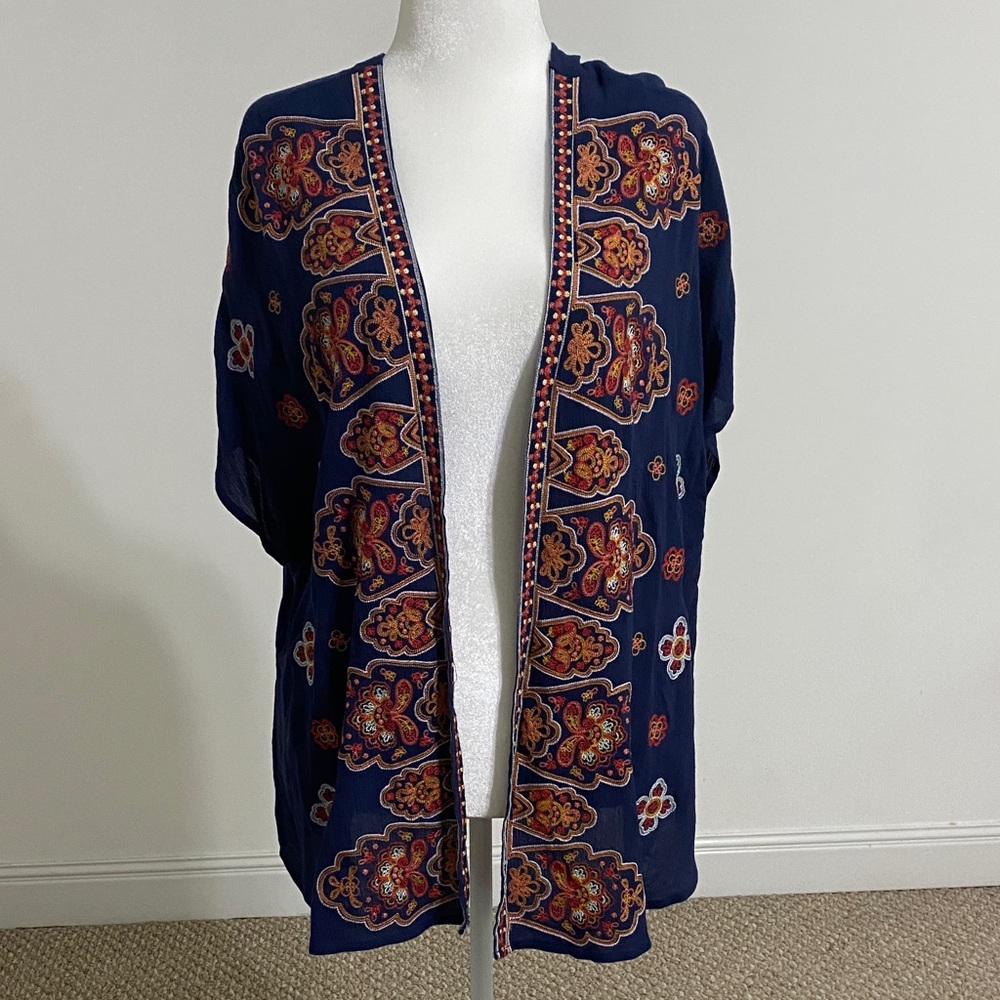 Altar'd State Navy Blue Embroidered Kimono Cardigan